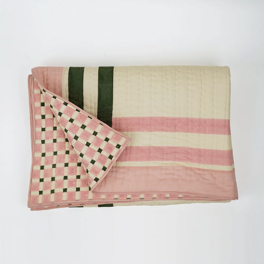 HAND BLOCK PRINTED CHEQUERBOARD QUILT, PINK