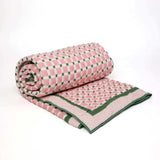 HAND BLOCK PRINTED CHEQUERBOARD QUILT, PINK