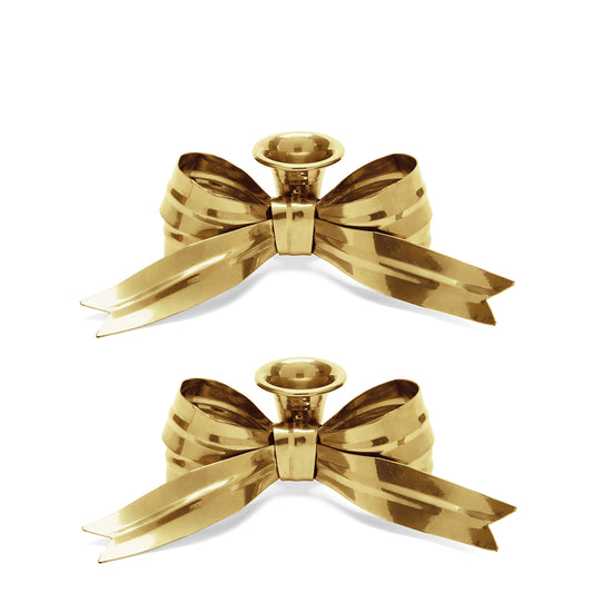 PAIR OF BOW CANDLE HOLDERS, BRASS