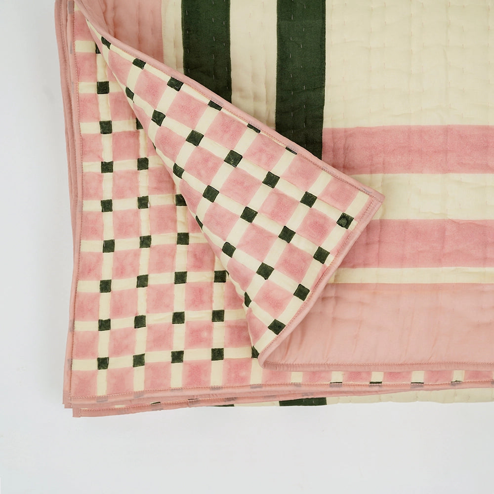 HAND BLOCK PRINTED CHEQUERBOARD QUILT, PINK