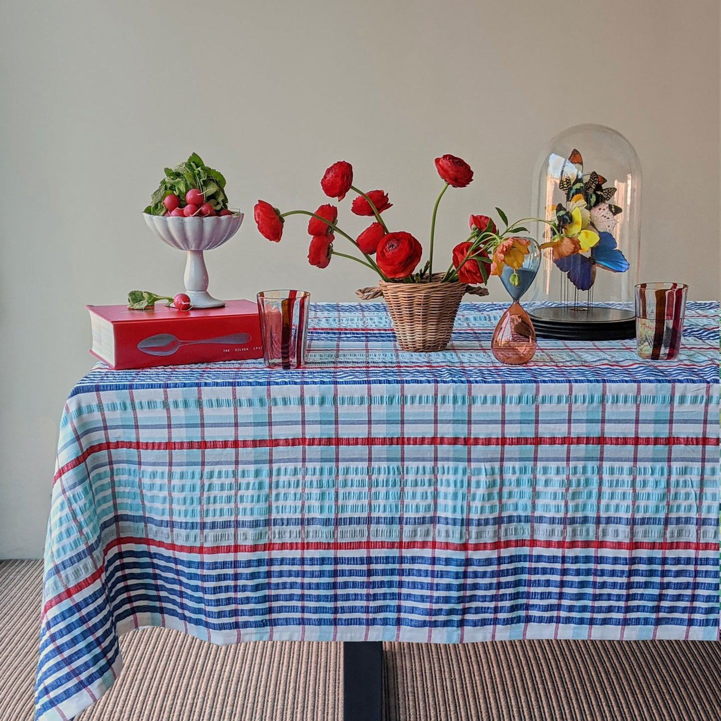 SEERSUCKER TABLE LINEN, BLUE & RED